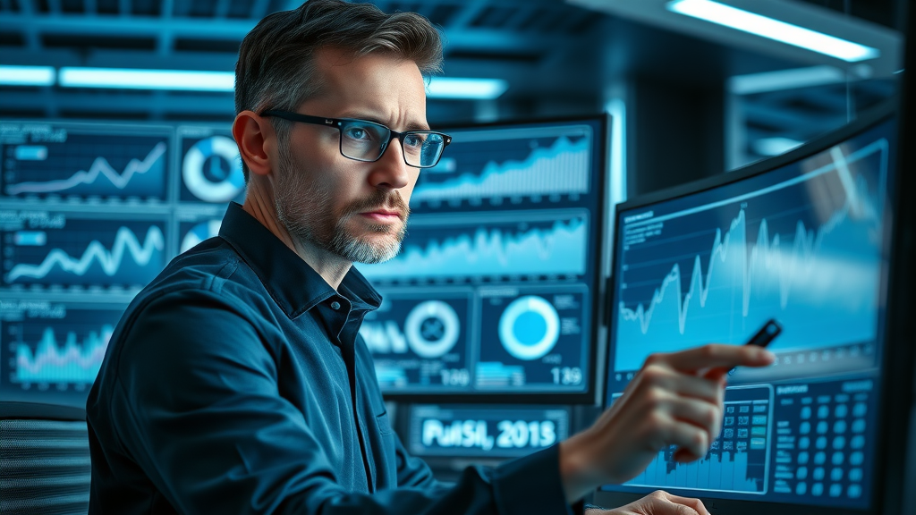Advanced data analyst reviewing B2B customer analytics dashboard with graphs and charts in high-tech office