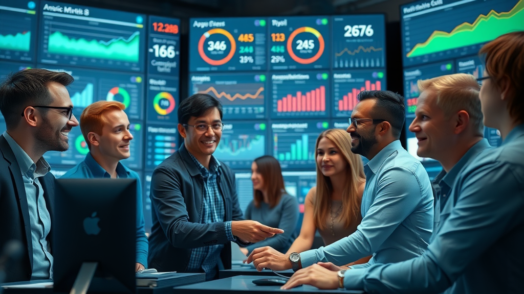 content marketing for B2B - analytics team tracking KPIs on digital screens