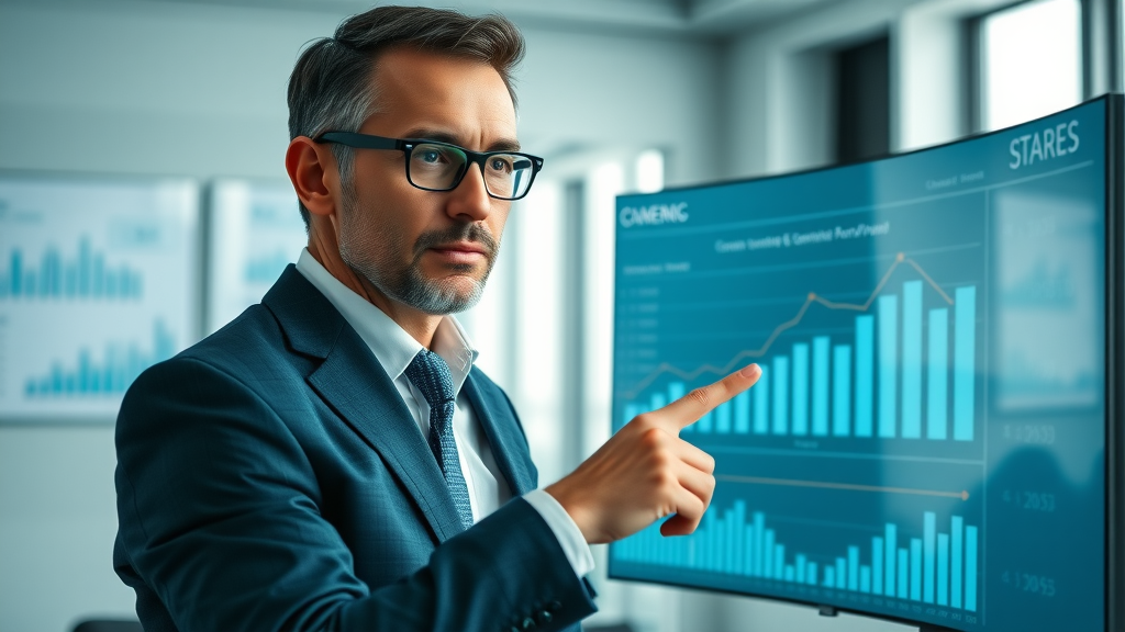 Business leader analyzing B2B lead generation strategies performance on a digital dashboard in a modern boardroom
