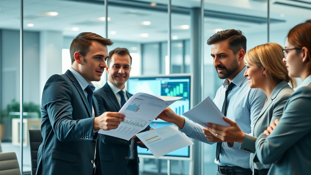 business executives collaborating on B2B marketing strategies in modern office