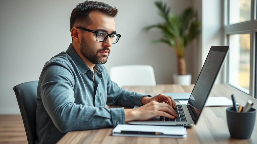 Strategic marketer writing a trust-building blog post in a modern office, B2B customer loyalty