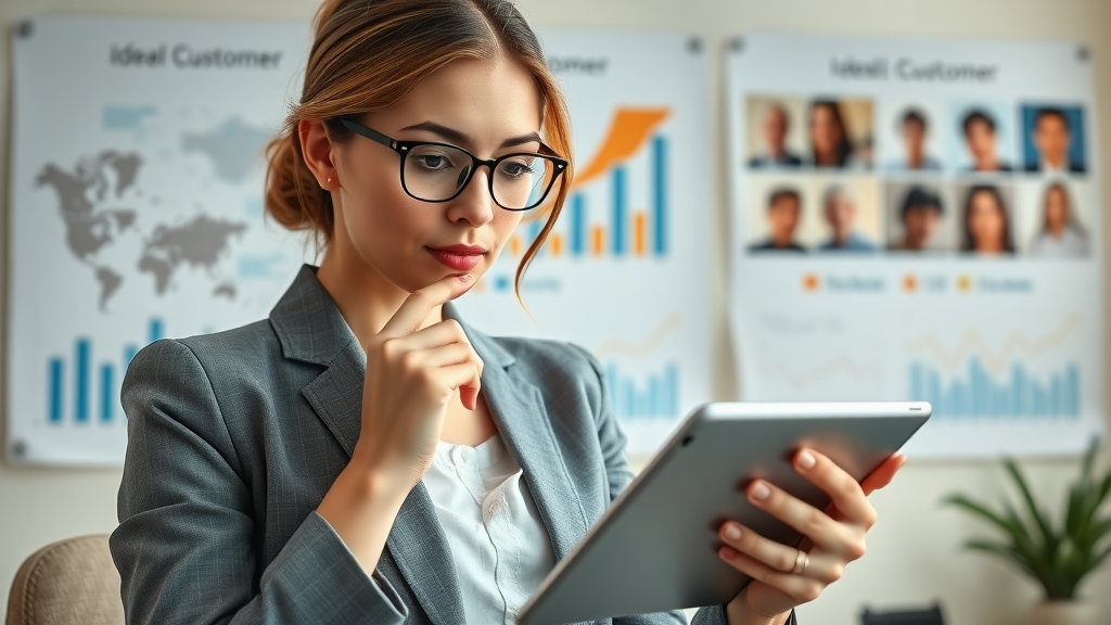 Insightful businesswoman analyzing ideal customer profile for business prospecting, reviewing analytics and pain points