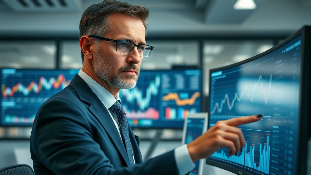 business leader analyzing an online sentiment dashboard with review trends and graphs