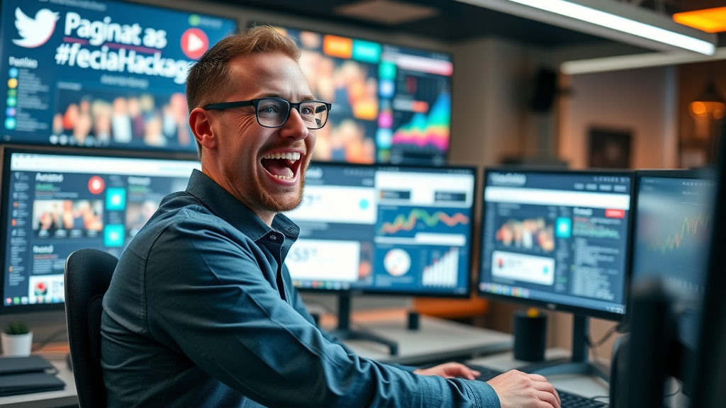 Social media manager launching campaign on multiple screens, B2B marketing strategies with analytics and trending hashtags in vibrant setting.