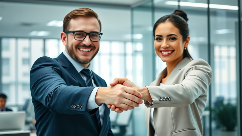 Professional business team exchanging a firm handshake building trust in a modern corporate office, B2B customer trust