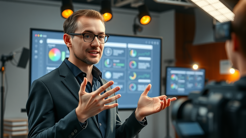 video marketing B2B: charismatic presenter explaining complex B2B solutions in a modern video production set