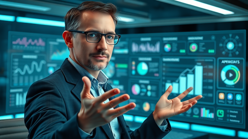 Inspired tech strategist presenting AI-powered customer acquisition dashboard. Sleek workspace with holographic automation flows, digital overlays.
