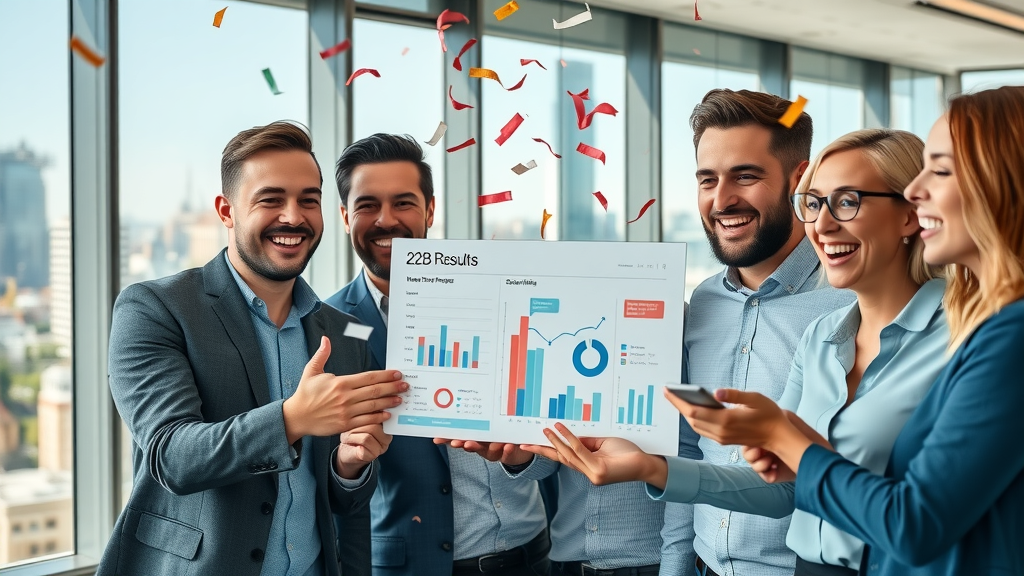 Successful B2B company team celebrating lead generation strategy results in a modern office