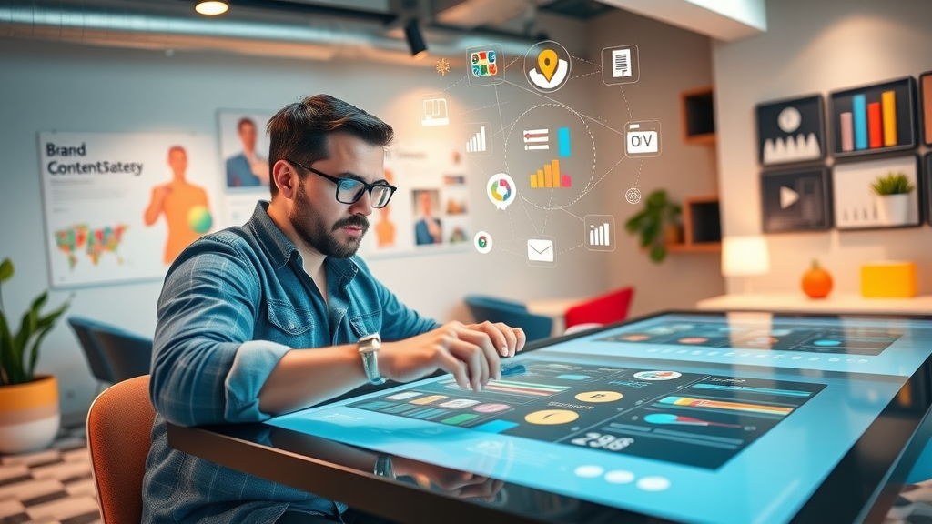 Creative content strategist conceptualizing advanced brand content strategy on a touchscreen table, reputation marketing tactics