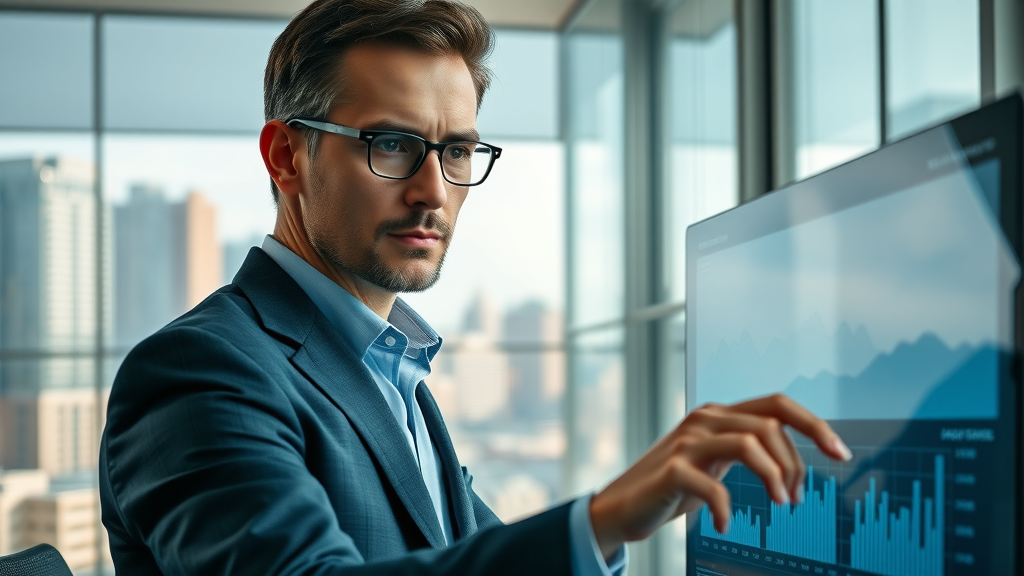 Analytical executive reviewing B2B acquisition analytics dashboard. Corporate office, interactive charts, steel and blue shades, city view.