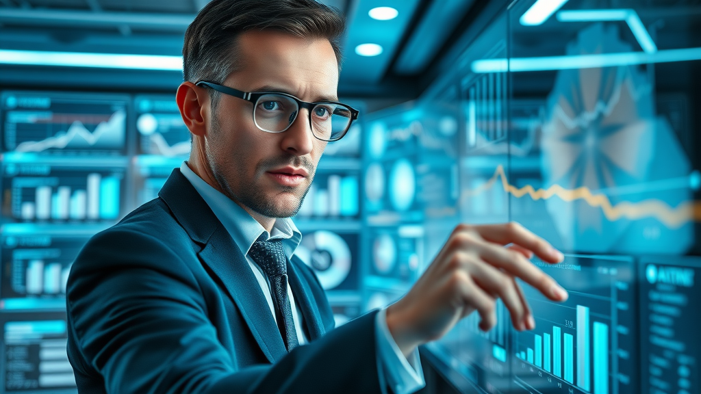 Business analyst examines data dashboards for better B2B client relationship management, data-driven strategies