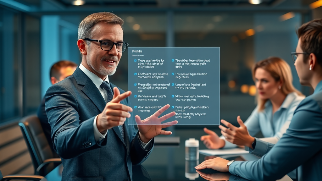 Professional consultant presenting customer pain points to executive team using transparent digital screen