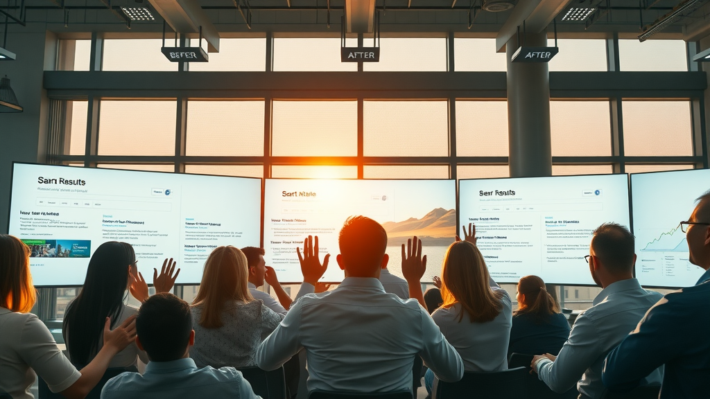 before-and-after scene of B2B company search results and reviews drastically improved through reputation management