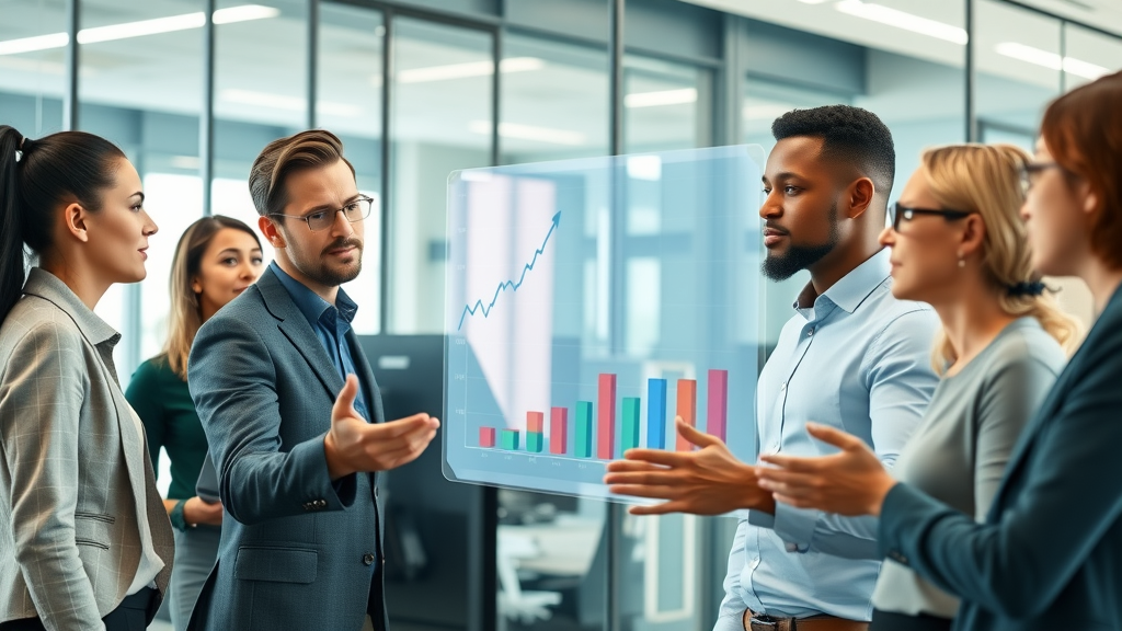 Automated lead nurturing team analyzing data in a modern office