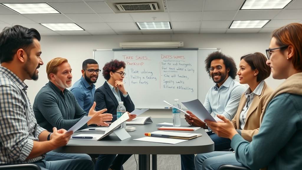 Sales team roleplaying B2B cold calling scripts addressing pain points
