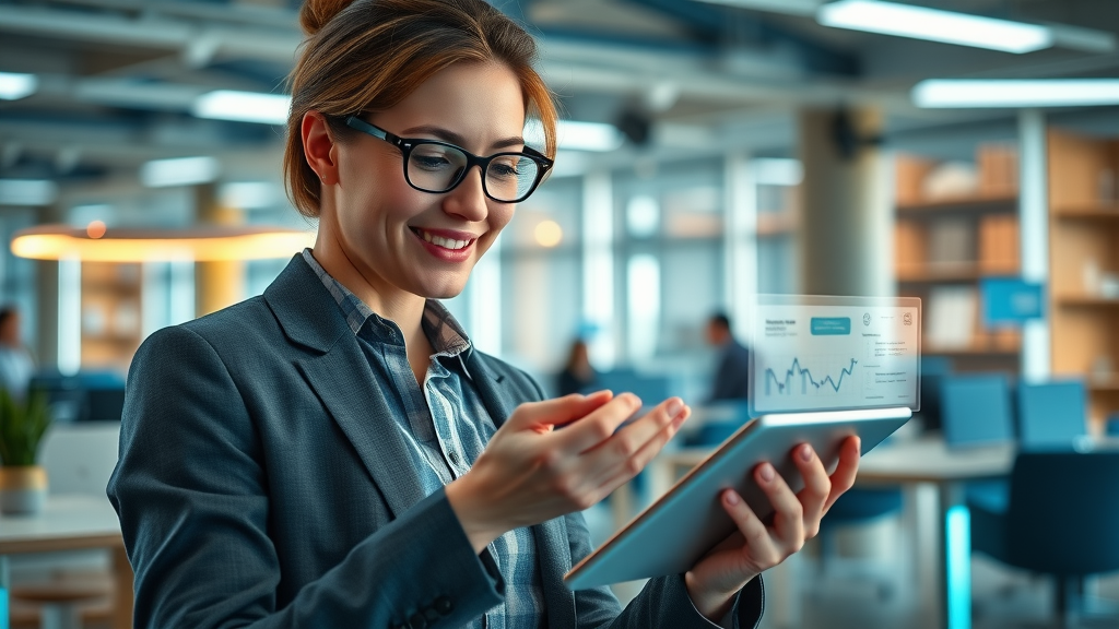 Marketer nurturing B2B leads using CRM and digital journey map in a futuristic open office