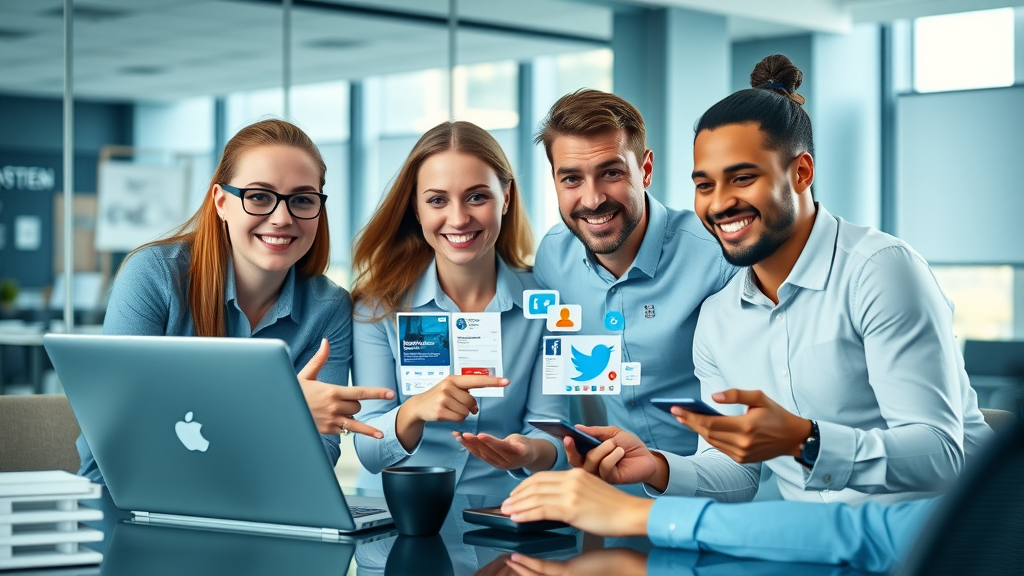 Professional business team collaborating on a B2B social media strategy in a modern office.