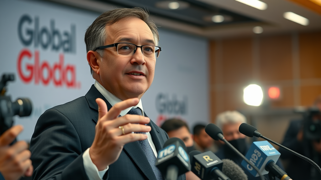 confident spokesperson addressing reputation crisis management for a B2B brand at a press conference