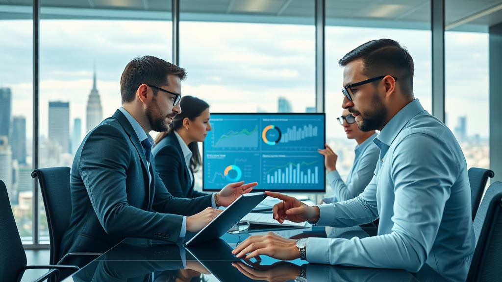 digital marketing for B2B: professional B2B marketers collaborating in a high-tech office, analyzing data and screens with digital charts, city skyline view