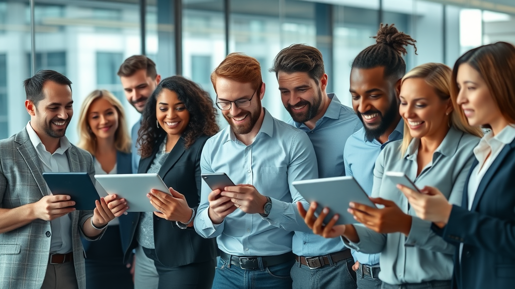 Dynamic group of diverse business professionals in a modern office analyzing lead data, collaborating and discussing business prospecting strategy