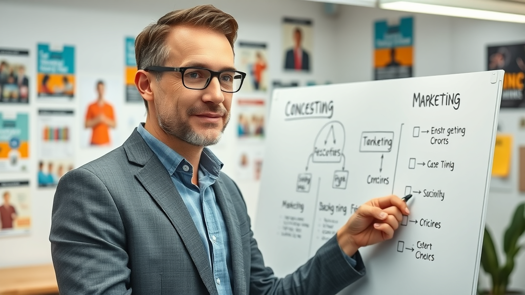 business expert explaining marketing concepts on whiteboard