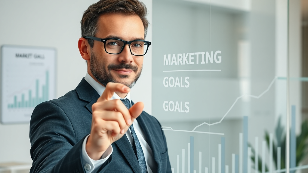 Confident business professional setting marketing goals on glass board, aligning media marketing with brand awareness