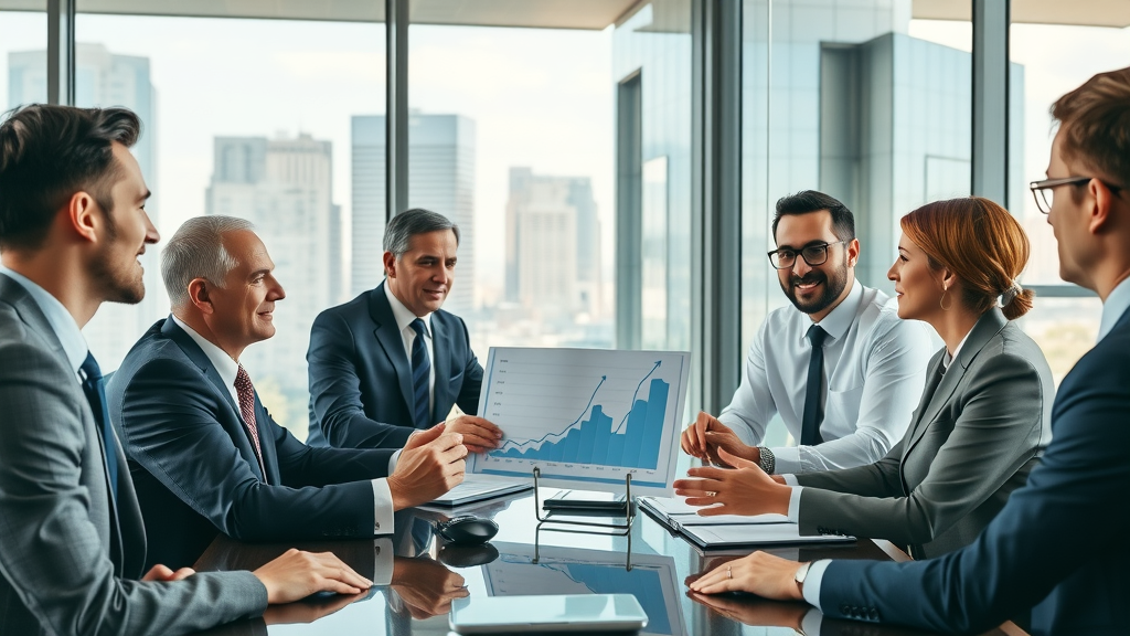 corporate reputation marketing boardroom, business executives analyzing growth charts, modern corporate office