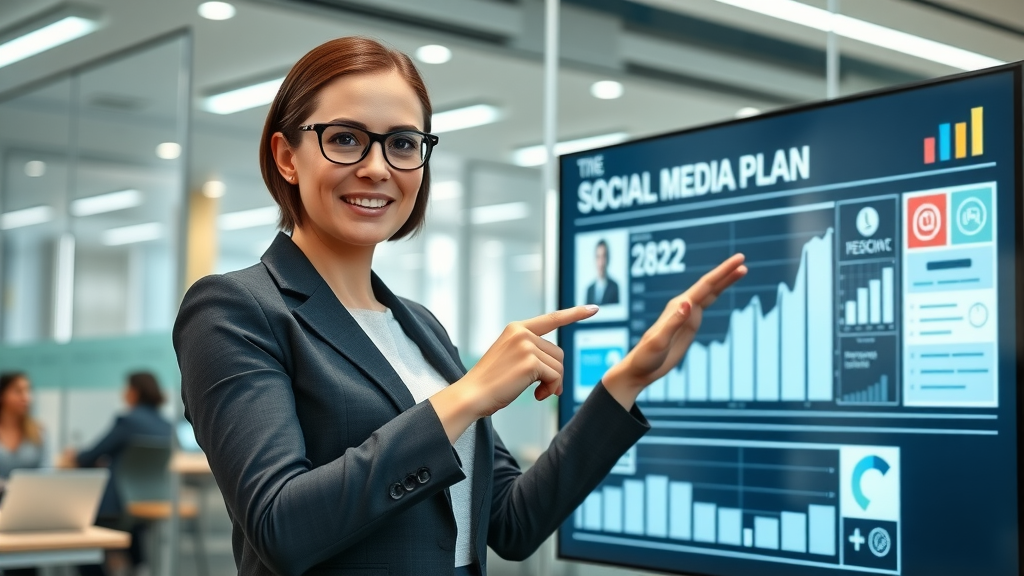 Professional woman presenting a digital social media plan, social media marketing strategy