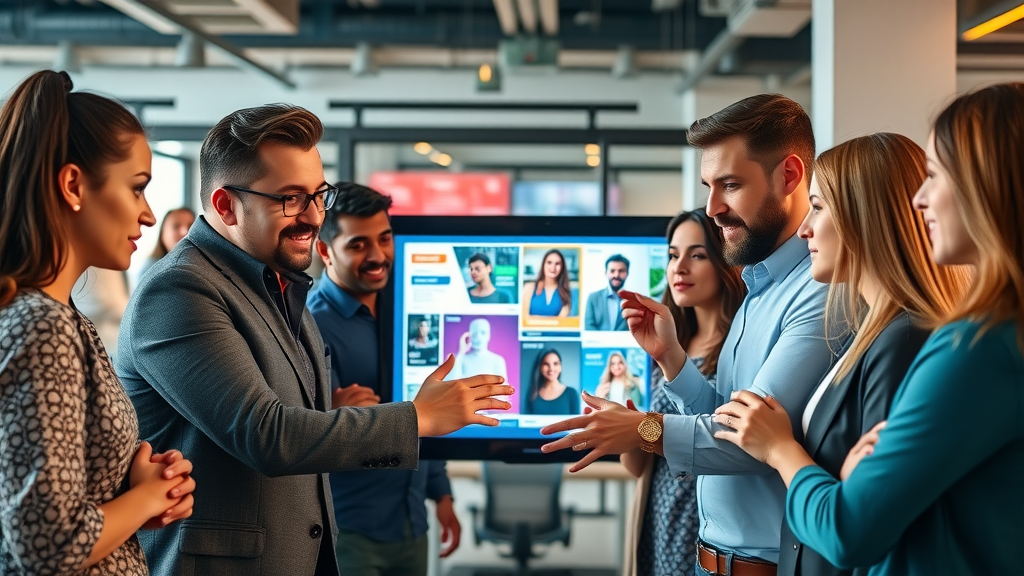 diverse team planning multichannel digital marketing strategy on touchscreen display