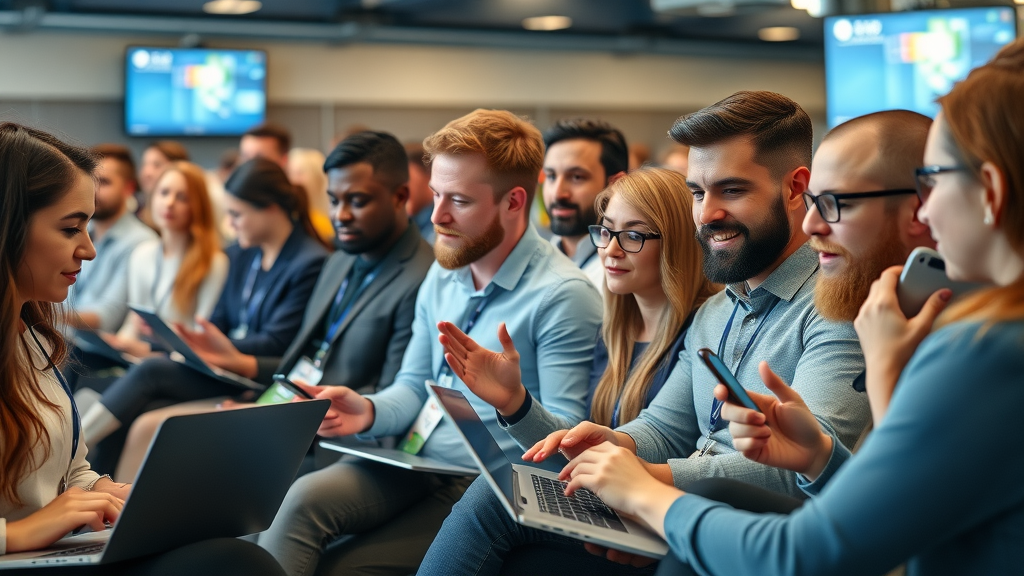 Diverse B2B audience interacting with engaging social media posts at a professional event.