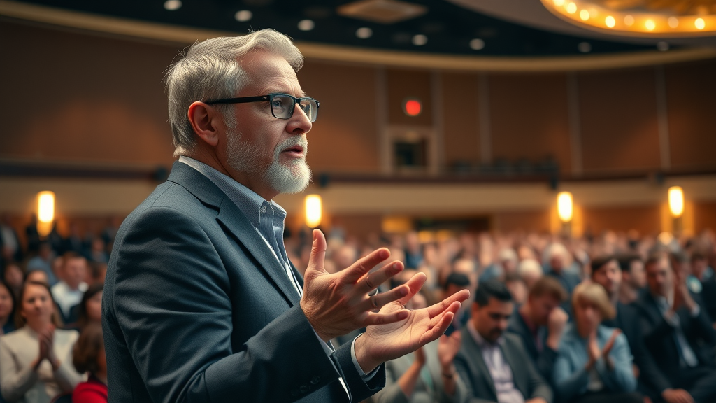 Thought leader delivering a keynote on reputation marketing strategies to industry professionals at an auditorium
