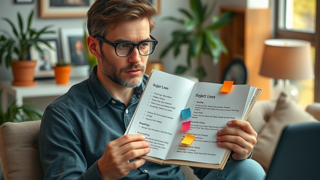 Copywriter brainstorming B2B email marketing campaign subject lines with notepad and sticky notes