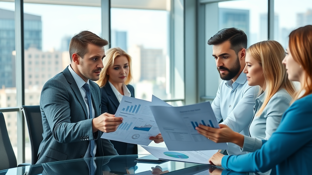 B2B lead generation business team analyzing sales data in modern office, collaborating on digital sales leads.