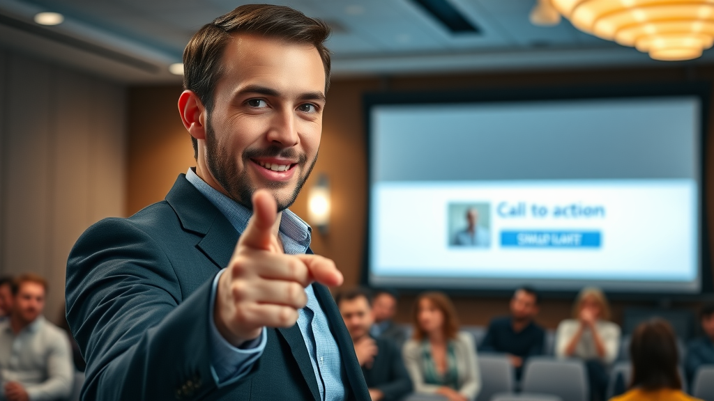 Professional pointing at strong CTA button in B2B email marketing campaign seminar