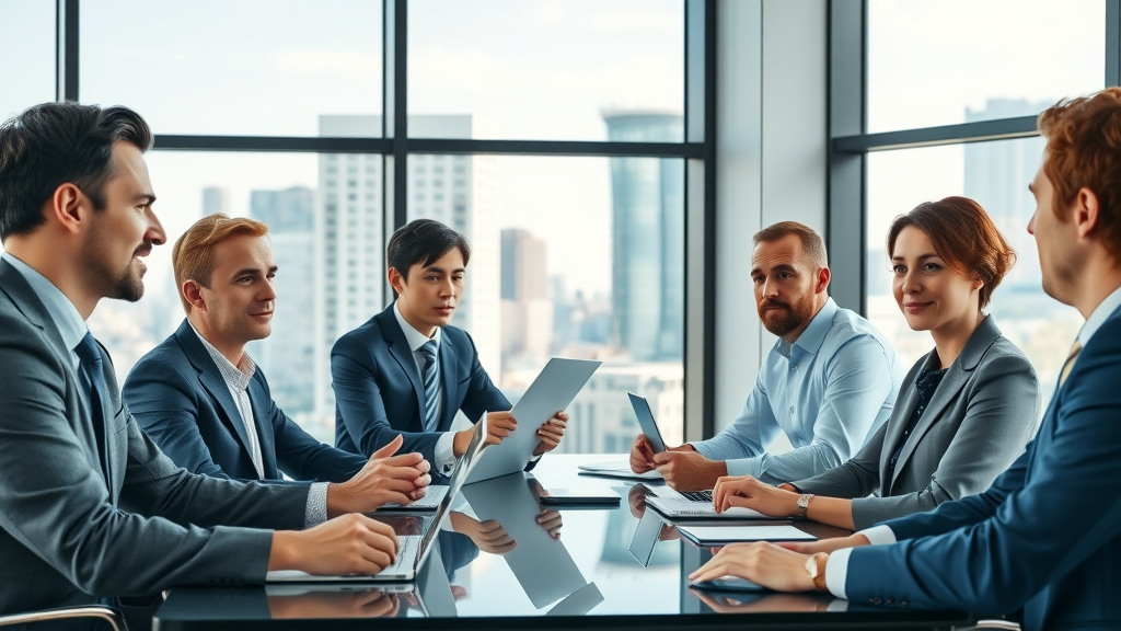 Professional business conference discussing B2B customer acquisition strategies. Highly detailed, modern corporate meeting room, natural interactions.