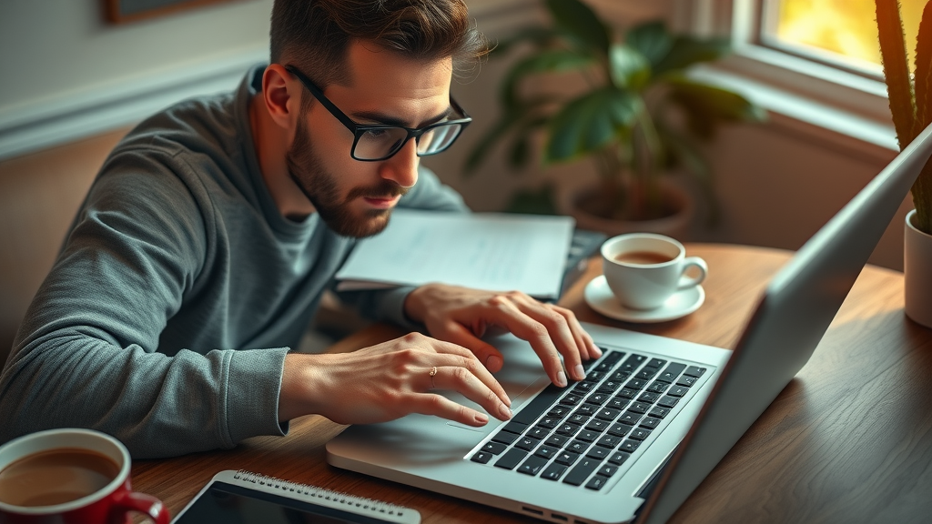 Copywriter typing SEO content meta descriptions and title tags for content optimization