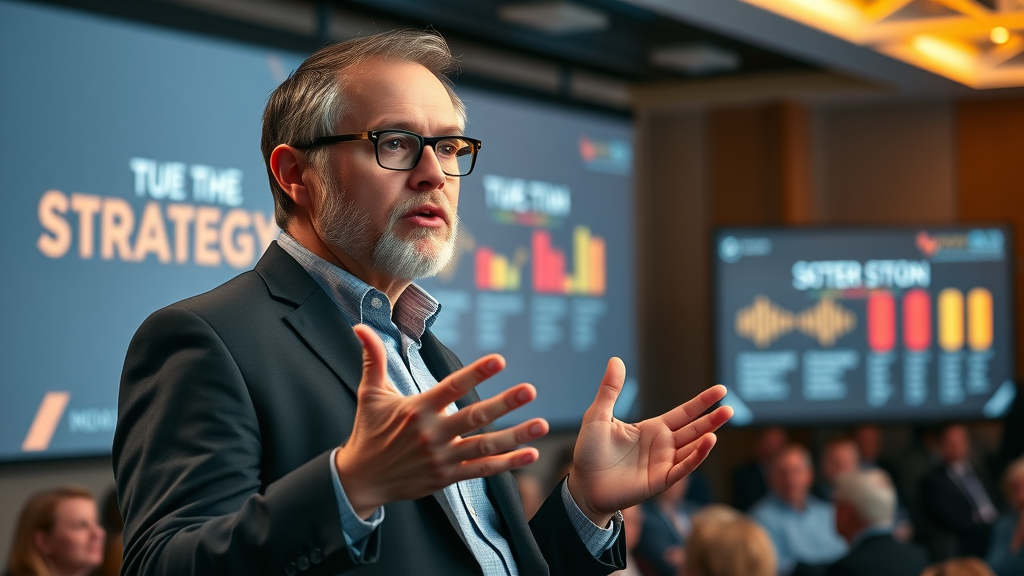 industry expert presenting B2B social media strategy and thought leadership insights on a digital stage