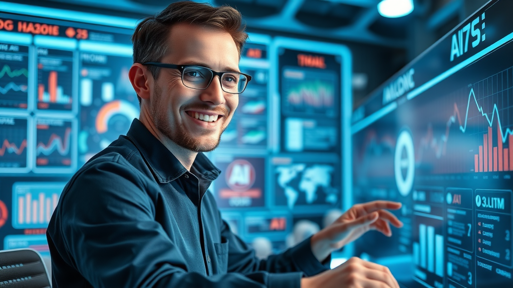 smart marketer deploying AI-driven digital marketing solutions, managing automation on futuristic dashboard