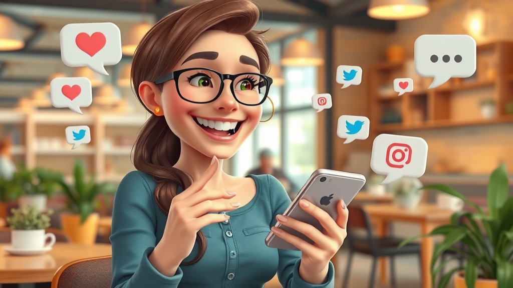 brand representative interacting with followers and responding to social media marketing messages in vibrant coffee shop