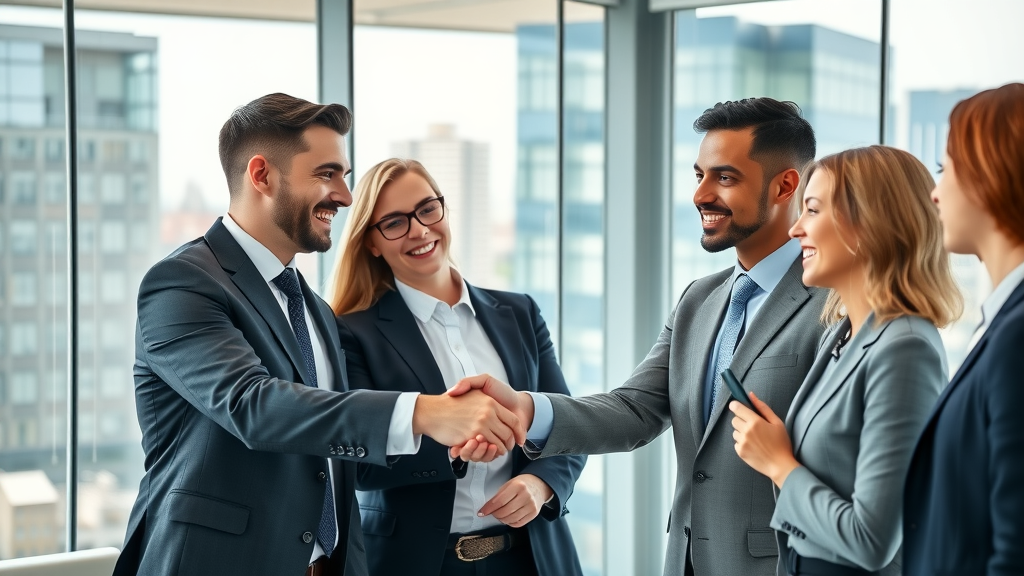 Professional business team collaborating during a successful B2B client meeting, strong client relationships in modern office, B2B client relationship building