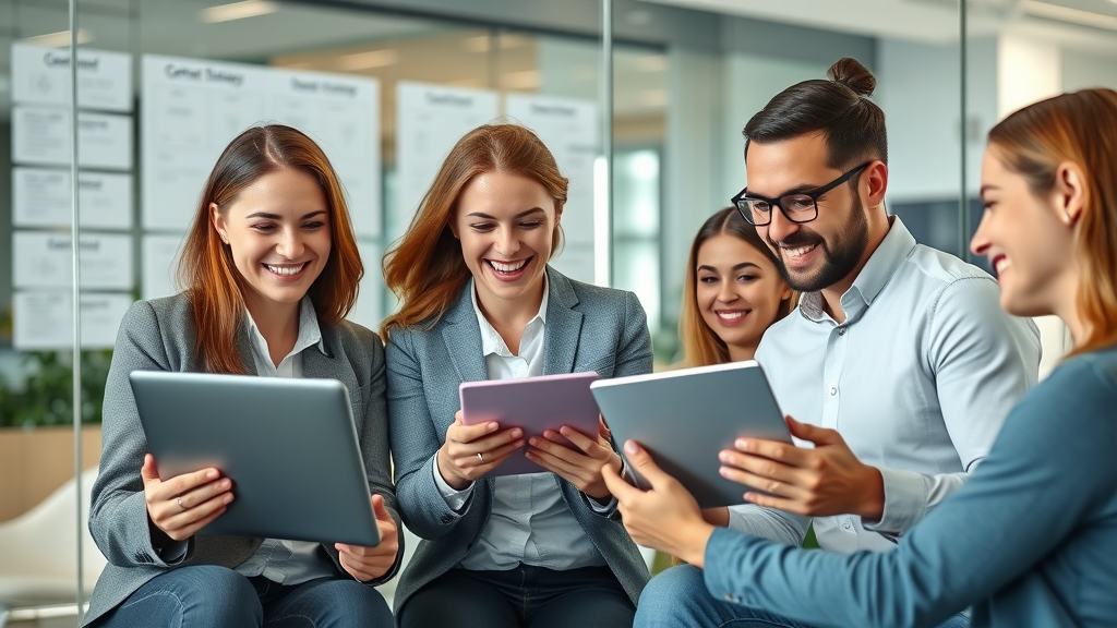 Content Marketing Strategies modern marketing team collaborating around digital devices in a modern office, planning content strategy diagrams