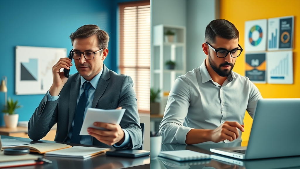 Side-by-side workspace comparing outbound prospecting via phone calls and inbound management via digital leads for business prospecting